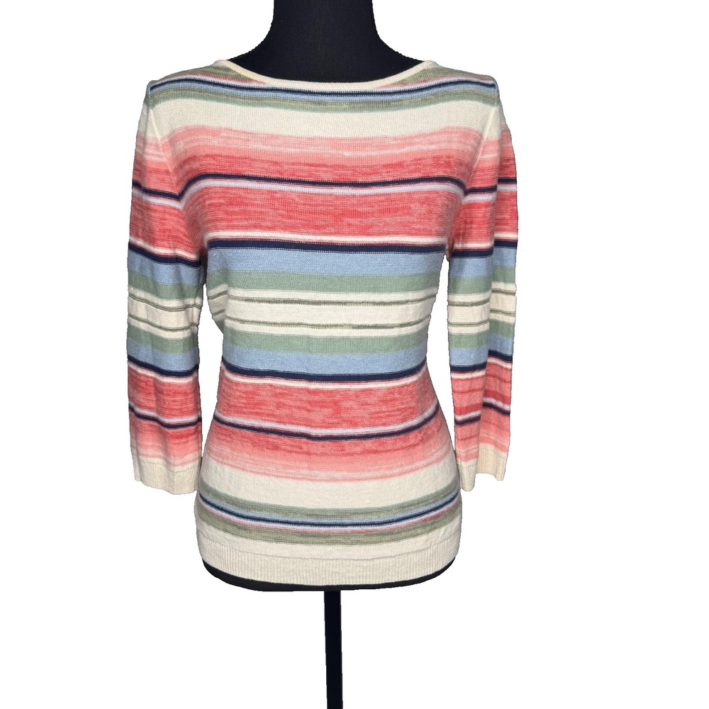 Chaps Ivory Striped Neutral Sweater | Small Lightweight Stretch Top‎